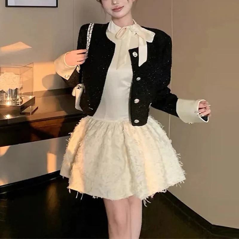 春秋にぴったりの韓国風エレガントで魅惑的な相続人向けツーピースセット：シャネル風のヘビーデューティージャケットとドレス