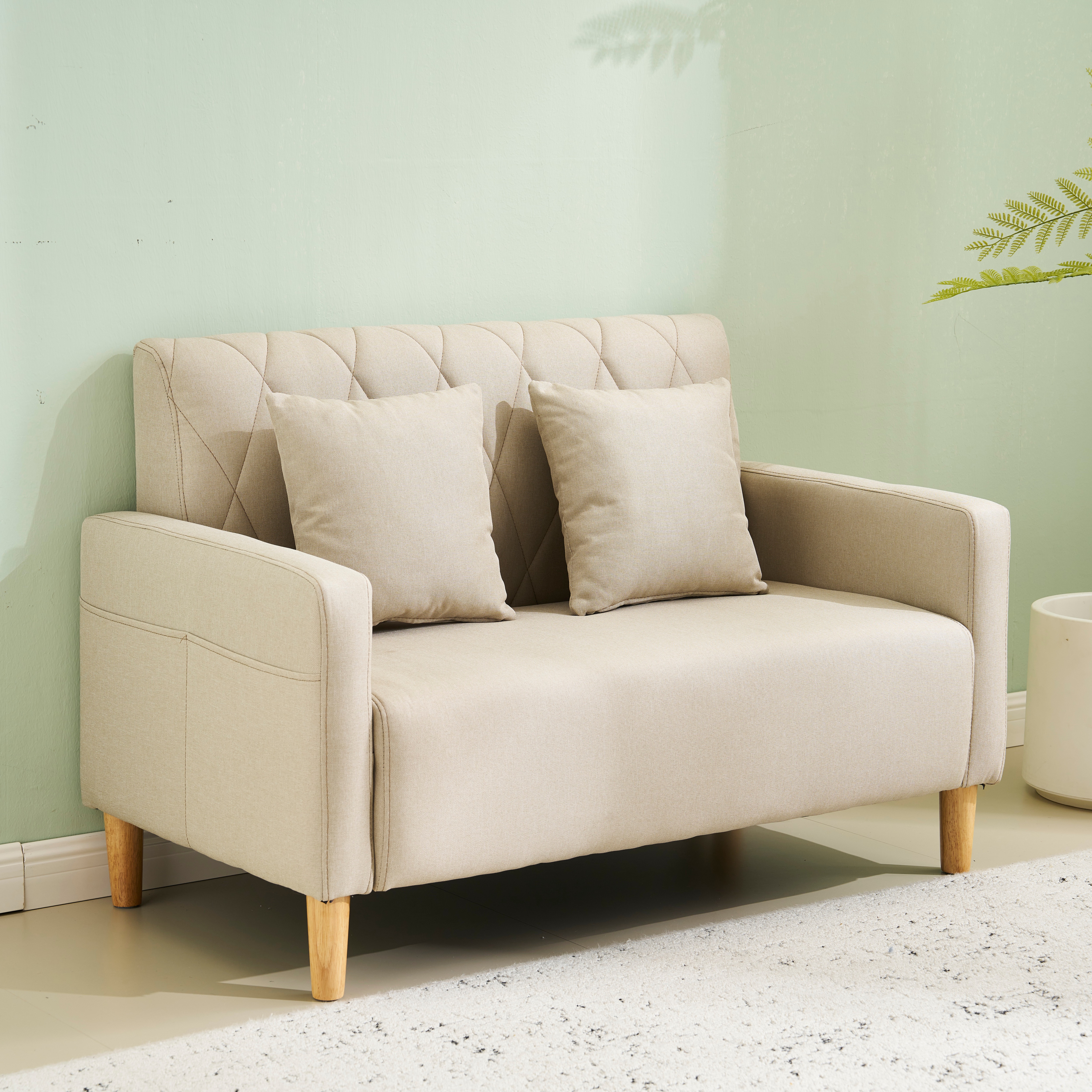 【国内即発送】ソファー 二人がけソファー 2人掛け 幅103cm 脚高さ13cm リビングソファ 肘付き ロボット掃除機も通れる かんたん組立 1人用にも おしゃれ かわいい 枕付き 取り外し可能な脚