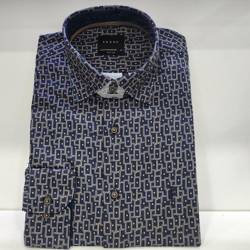 YJ1WBS754 マルチ四角ジャージプリント カジュアル スリムフィット 長袖メンズシャツ
