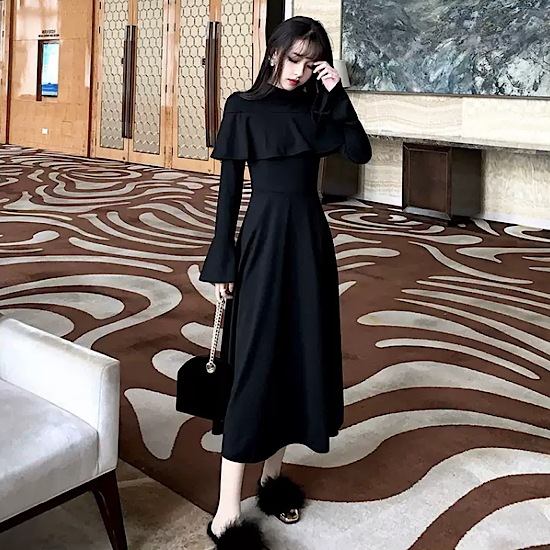 【取寄：納期2週間】結婚式ドレス ロイヤル 気品 ミモレ丈 長袖 リッチ フレンチ レトロ クルーネック 発表会 演奏会 レディース フレアドレス 結婚式 ステージ衣装 エレガント