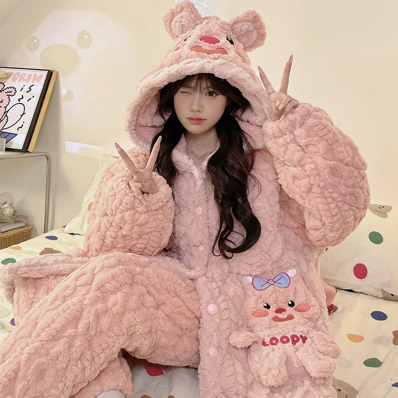 パジャマ少女冬の厚手三重綿入り長連帽カートゥーンビーバールビーサンゴ絨毯スリーパールームウェア