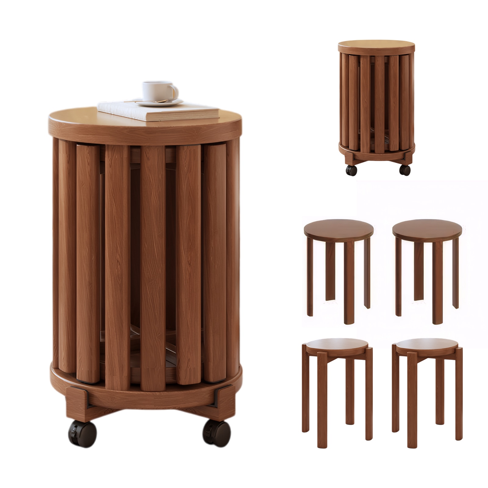 スツール 木製 スタッキングスツール 4脚セット 天然木 丸椅子 北欧 食卓椅子 キャスター付き 多機能