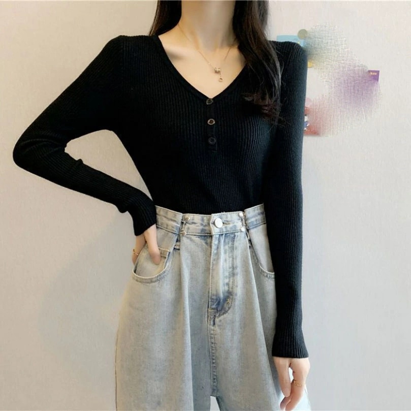 クーポン レディース セーター 長袖 ニット ストレッチ リブ カットソー タイト シルエット Vネック スッキリ セクシー 無地 伸縮性 トップス リブニット カジュアル スリム レデイース セータ