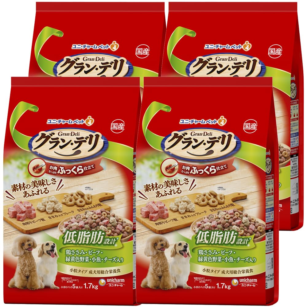 グラン・デリ ドッグフード ソフト ふっくら仕立て 低脂肪 鶏ささみ・ビーフ・緑黄色野菜・小魚・チーズ・角切りビーフ粒入り 6.8kg(1.7kg×4個) 国産 ユニチャーム【ケース販売】