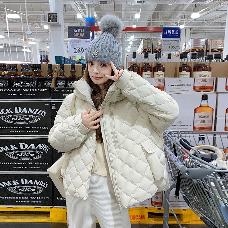 韓国版文学菱形90ホワイトダックダウンジャケット2024新作カジュアルルーズ防風フード付きジャケット
