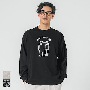 WEB限定セール Tシャツ メンズ カットソー ロンT イラスト コットン プリント ベア 長袖 クルーネック ドロップショルダー メール便不可