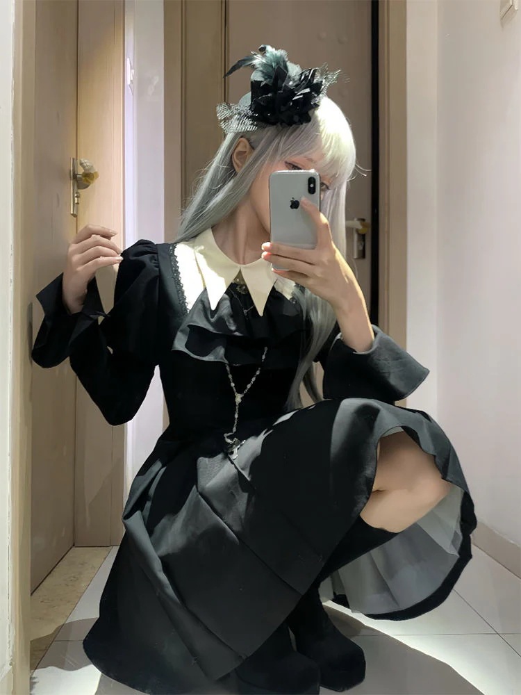 ロリータ コスプレ 春夏 新作 ブラック 修道女 ゴシック風 シスターロリータ 腰をすぼめる 着やせワンピース ティーブレイクドレス