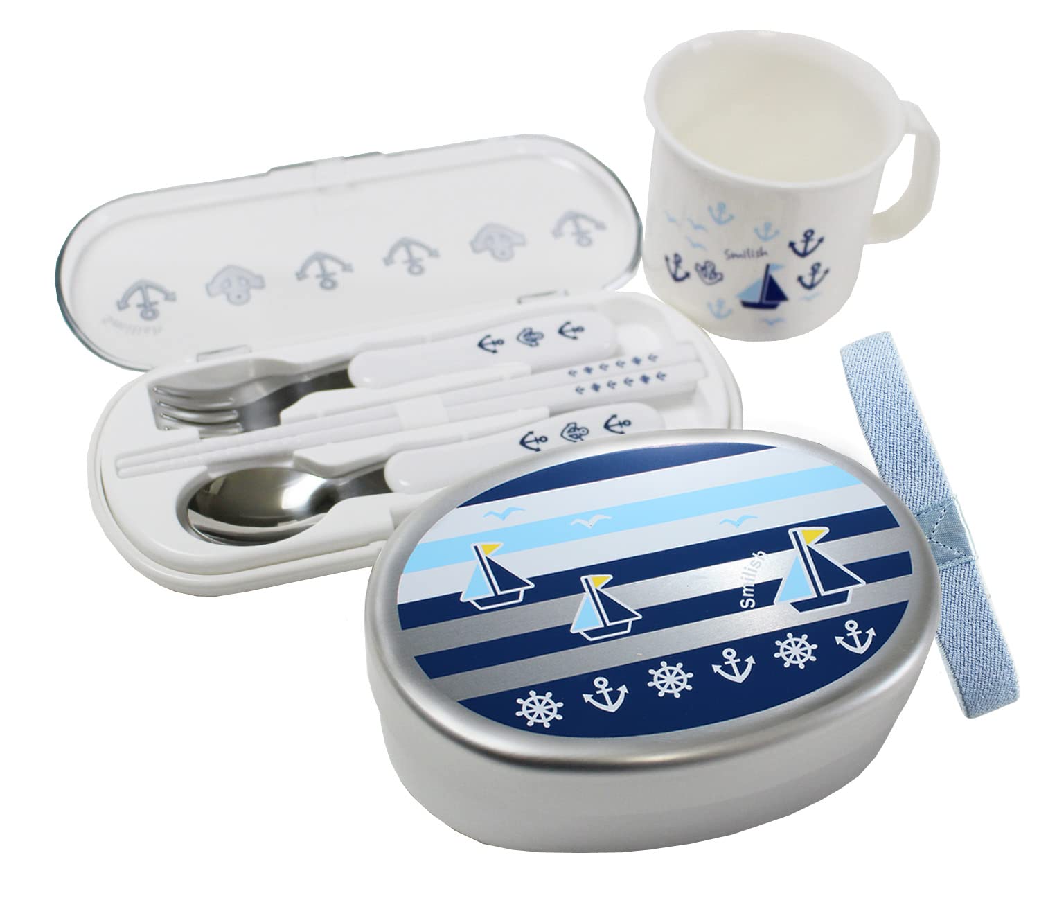 ランチ３点セット 幼稚園（内ブタ付アルミお弁当箱カトラリーセット耐熱コップ)NEWマリン柄