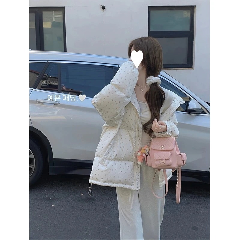 韓国風の可愛い花柄ショート丈中綿ジャケット冬の新作スタイル厚手で暖かい