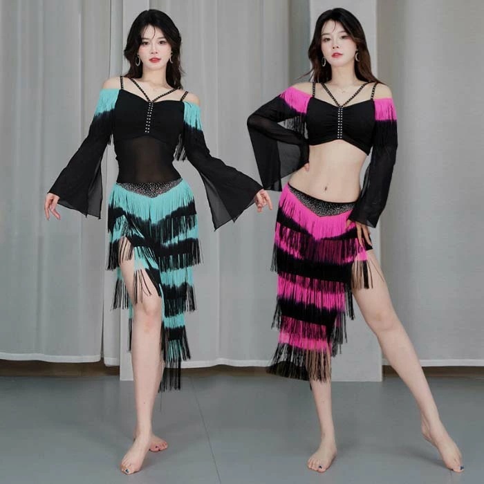 【2025限定SALE】ベリーダンス 衣装 セット ベリーダンス レッスン着 練習着 衣装 セットアップ フレア袖 トップス グラデーション フリンジスカート 2点セット フリンジ ダンス 衣装 ステ