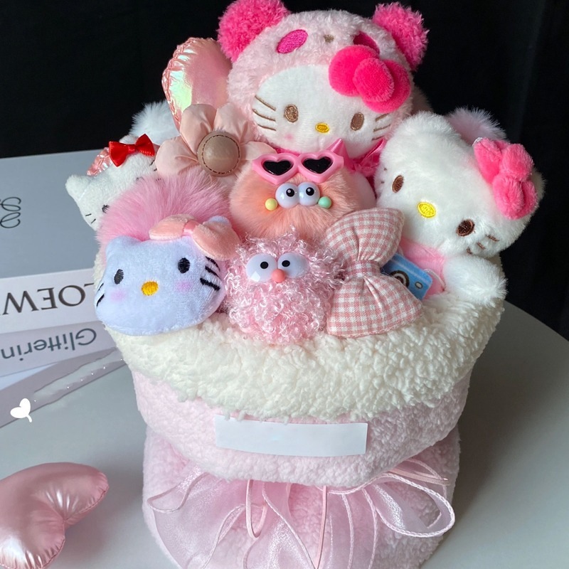 キティチャイニーズバレンタインデーギフトシナモン犬人形漫画人形ガールフレンドと親友の誕生日用の花束とバケツ 母の日