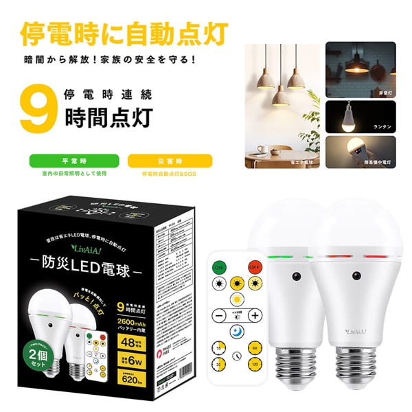 リモコン操作防災LED電球 2個セット FF-01A (送料無料) LED 電球 停電 災害 防災 ランタン リモコン 簡易懐中電灯 省エネ タイマー設定