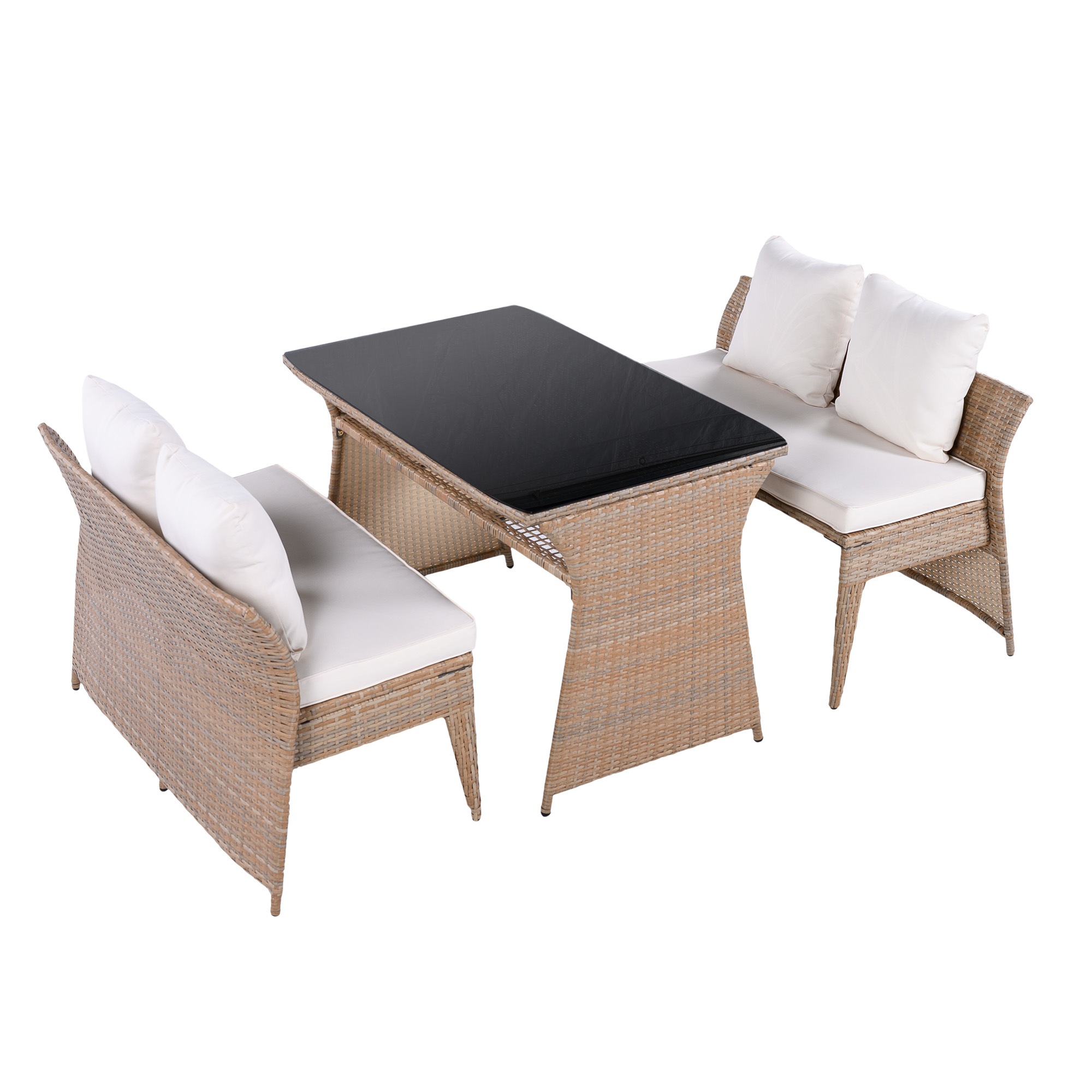 【国内発送,送.料無料】4人掛け ガーデン テーブル 3点セット Beige+Brown + Plasticラタン調 ガーデンファニチャー ベランダテーブル ガーデンテーブル ガーデンチェアー テーブ