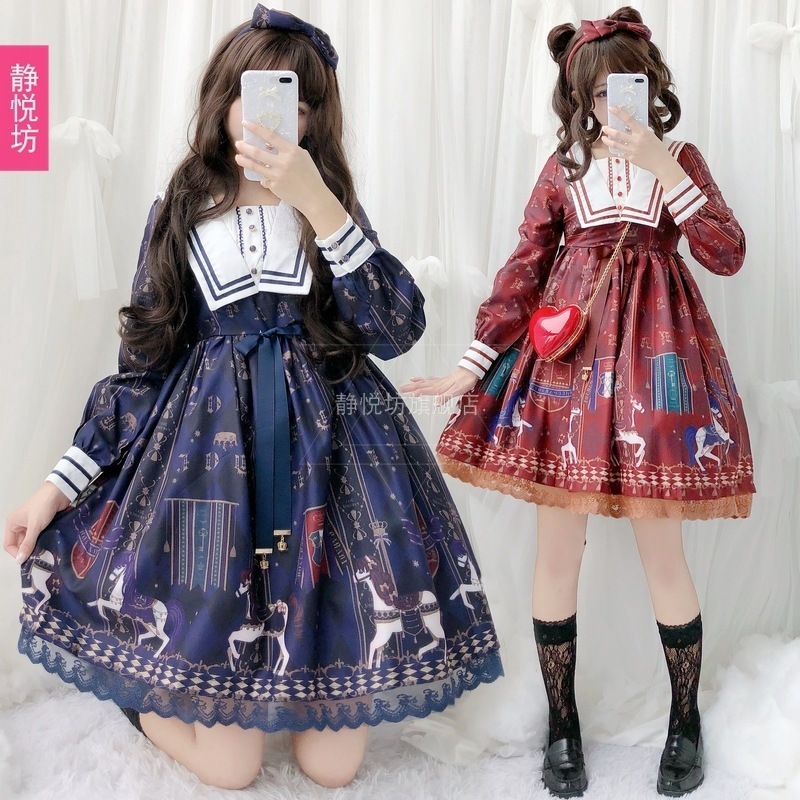 日本の柔らかい女の子の衣装かわいい王室の馬ロリータプリントOP秋と冬の女性の長袖ドレスロリータドレス