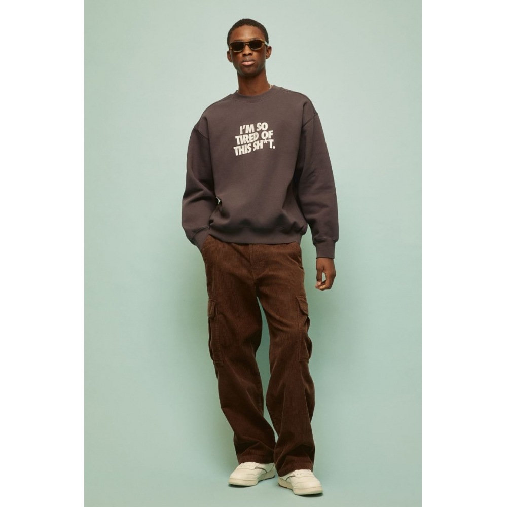 H&M ルーズフィットプリントスウェットシャツブラウン/私はとても疲れています