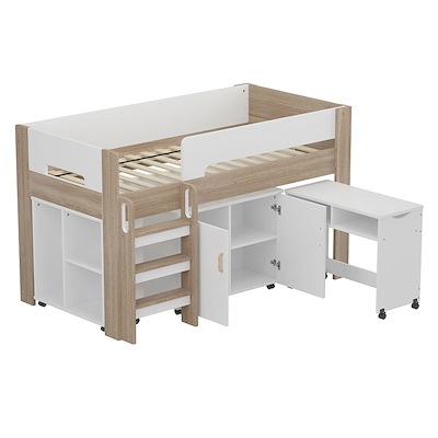 【国内即日発送】システムベッド ロフトベッド 階段付き 木製 高さ120cm シングル ベッド ロータイプ ベッド デスク 本棚 机付き コンパクト 本棚付き 収納 一人暮らし ナチュラル+ホワイト