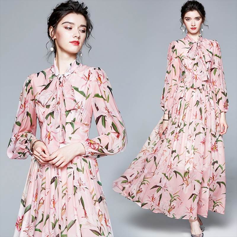 花柄 ワンピース ロング ドレス カジュアル ピンク 個性的 パーティードレス シャツ風 リボン 長袖 Aライン ワンピドレス フレア 袖あり ボウタイ ボタニカル 総柄 春 夏 秋 冬 大きいサイズ