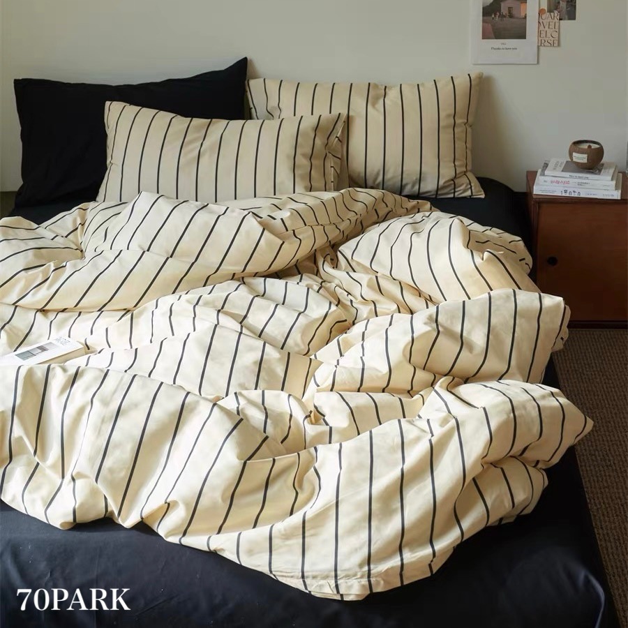 アイボリー ブラック ストライプ 布団カバーセット 全2種 ベッドシーツ セット ベッドリネン おしゃれ 韓国インテリア 韓国雑貨 韓国っぽ インテリア雑貨