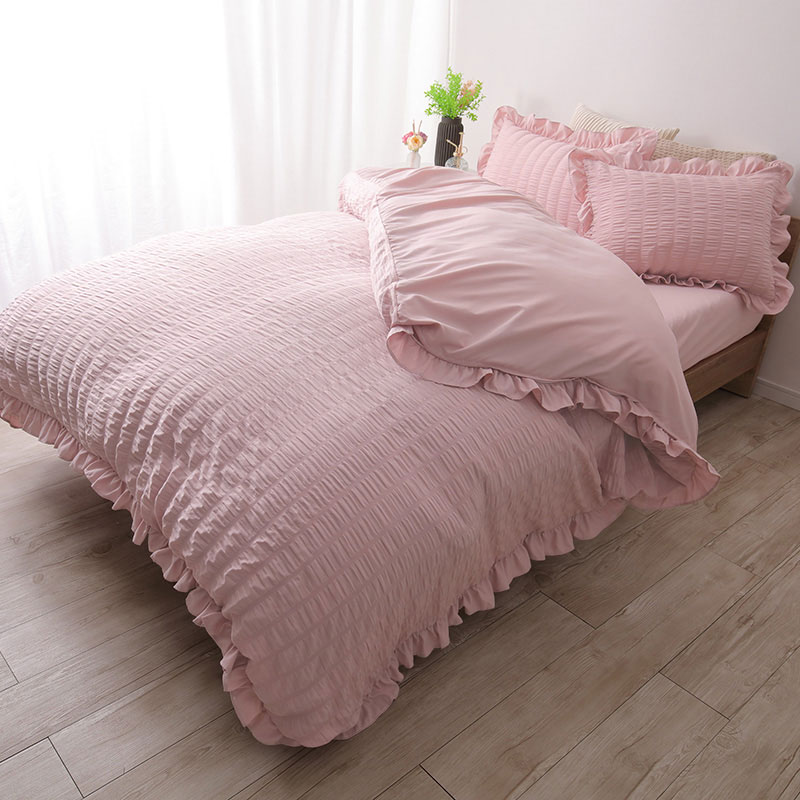 フリル付き布団カバーセット シアサッカー素材 ダブル 4点セット 寝具 フリル付 掛布団カバー 枕カバー ボックスシーツ ピーチスキン加工 丸洗いOK