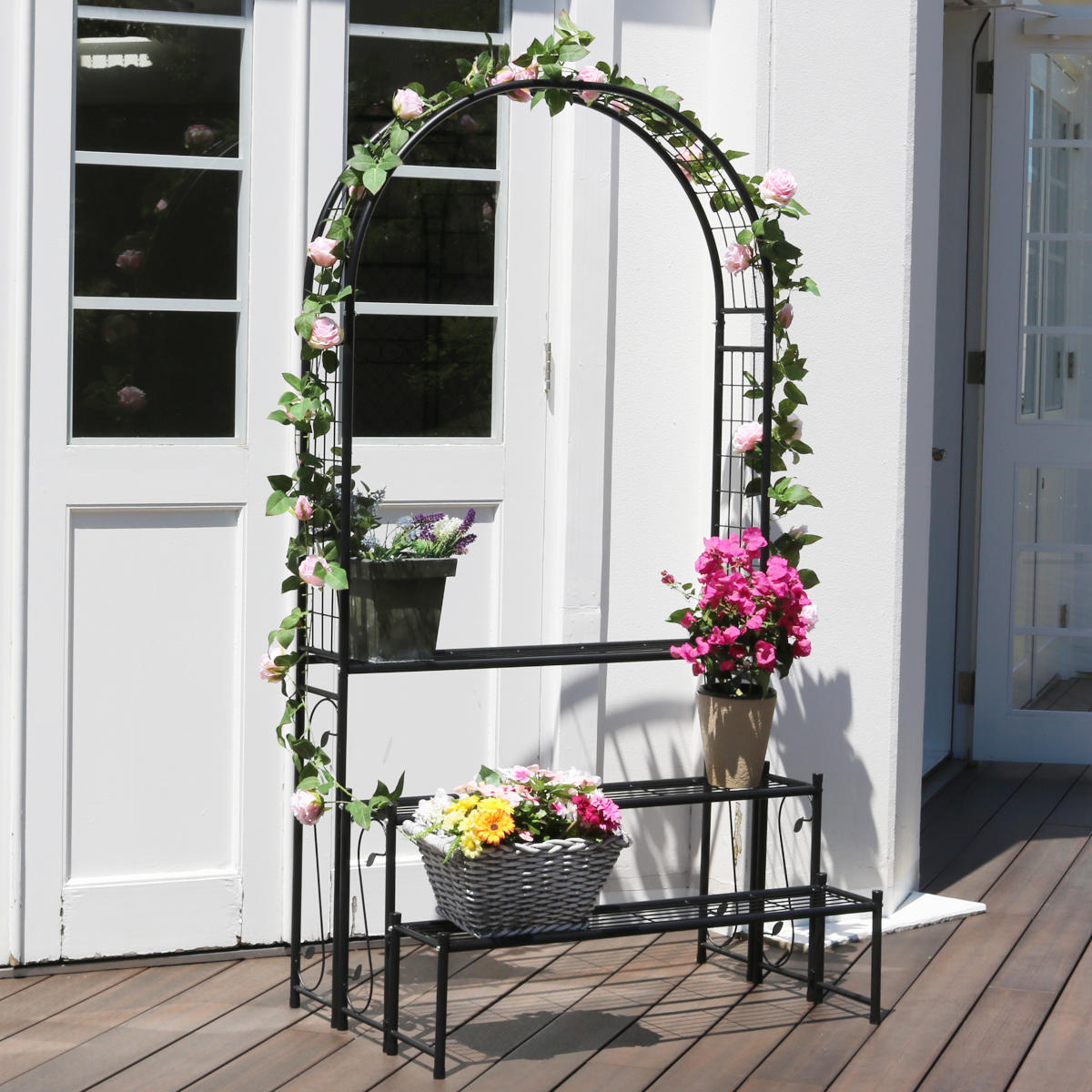 プランタースタンド アーチ付フラワーラック 3段 フラワーラック 鉄製 おしゃれ ローズアーチ フラワースタンド ガーデニング 庭 簡易 プランターラック 花スタンド ラック アイアン製