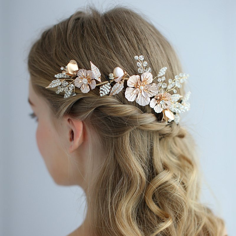 フラワー ヘアバンド＋Uピン 髪飾り ヘアアクセサリー ピンクゴールド ウエディング ブライダル パ
