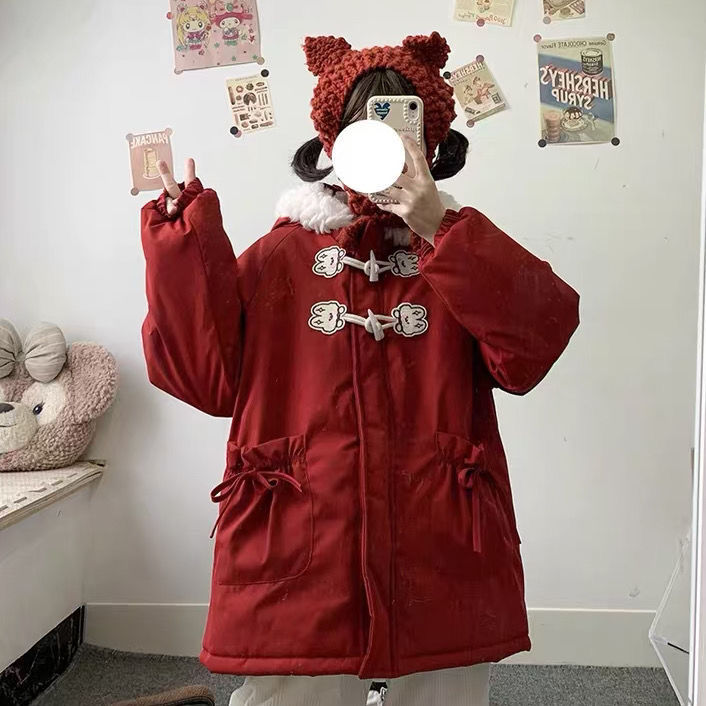 冬のコットンコートかわいいウサギの赤いコートゆったりとした厚みのあるコットンコート多用途のカレッジフード付き 6,946円