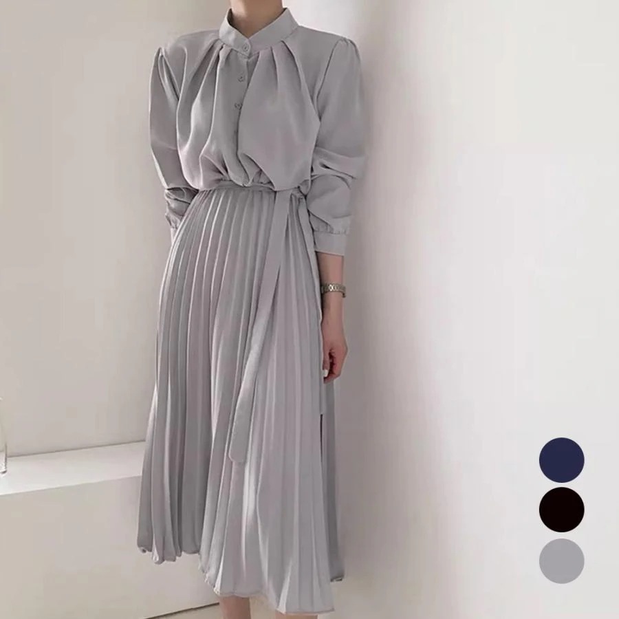 ロングワンピース 長袖プリーツワンピ韓国