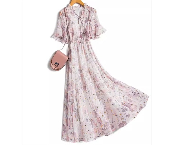 レディース ワンピース プルオーバー プリンセススカート ミモレ ロング 半袖 Vネック フェミニン シフォン フリル リボン ウエストマーク ハイウエスト ウエストゴム 薄手 かわいい 大人可愛い