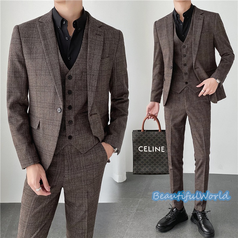 スーツ メンズ おしゃれ スーツセットアップ 3ピーススーツ ビジネススーツ チェック柄 スリム カジュアルスーツ フォーマルスーツ 洗える 紳士服 通勤 結婚式