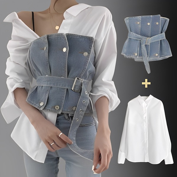 【シャツ＆ベストセット】「ストライプ長袖シャツホワイト」＆「ウエスタン風ベルト付きデニムベスト」セット レディース トップス ベスト アウター ショート 袖なし ノースリーブ タイト スリム 細身