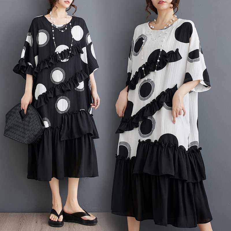 「ファットガール」 2024/春/夏/新作/ゆったり/大きいサイズ/シフォン/プリント/半袖/フリル/スプリット/ワンピース/レディース30%までに制限