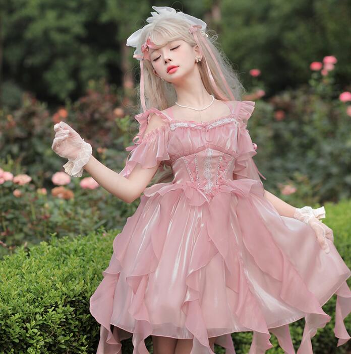 ロリータワンピース お姫系 キャミソール 膝丈 プリンセスドレス キャミソール 可愛い ロリータ服 Lolita レディース コスプレ衣装 萌え萌え イレギュラー裾 背中 リボン 学園祭 文化祭 イベ
