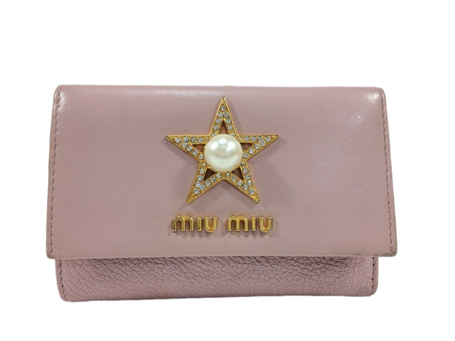 財布 三つ折り レザー ピンクベージュ 中古品