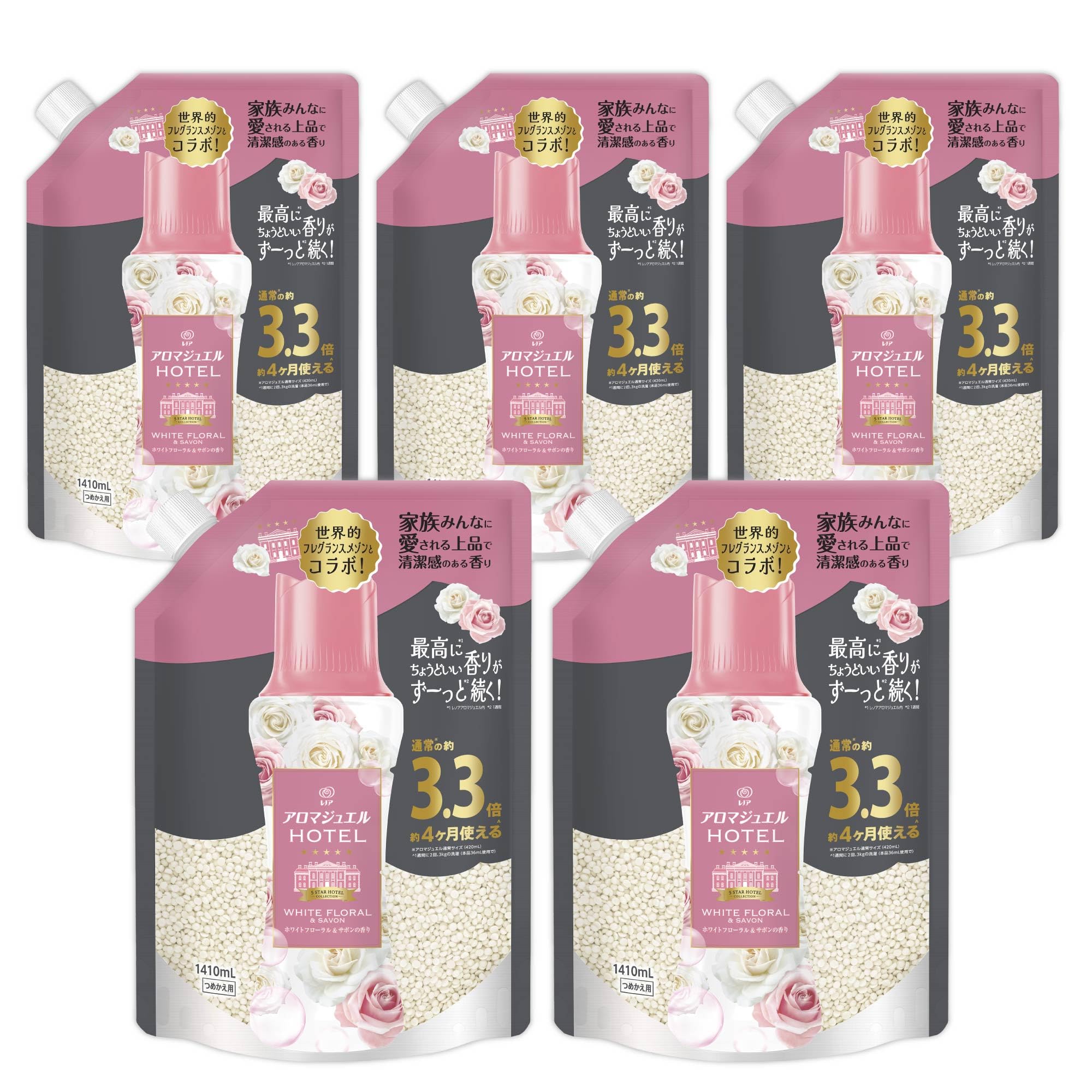 アロマジュエル HOTEL お洗濯の香り付けビーズ ホワイトフローラル&サボンの香り 詰め替え 1410mL×5袋 [大容量] [ケース品]