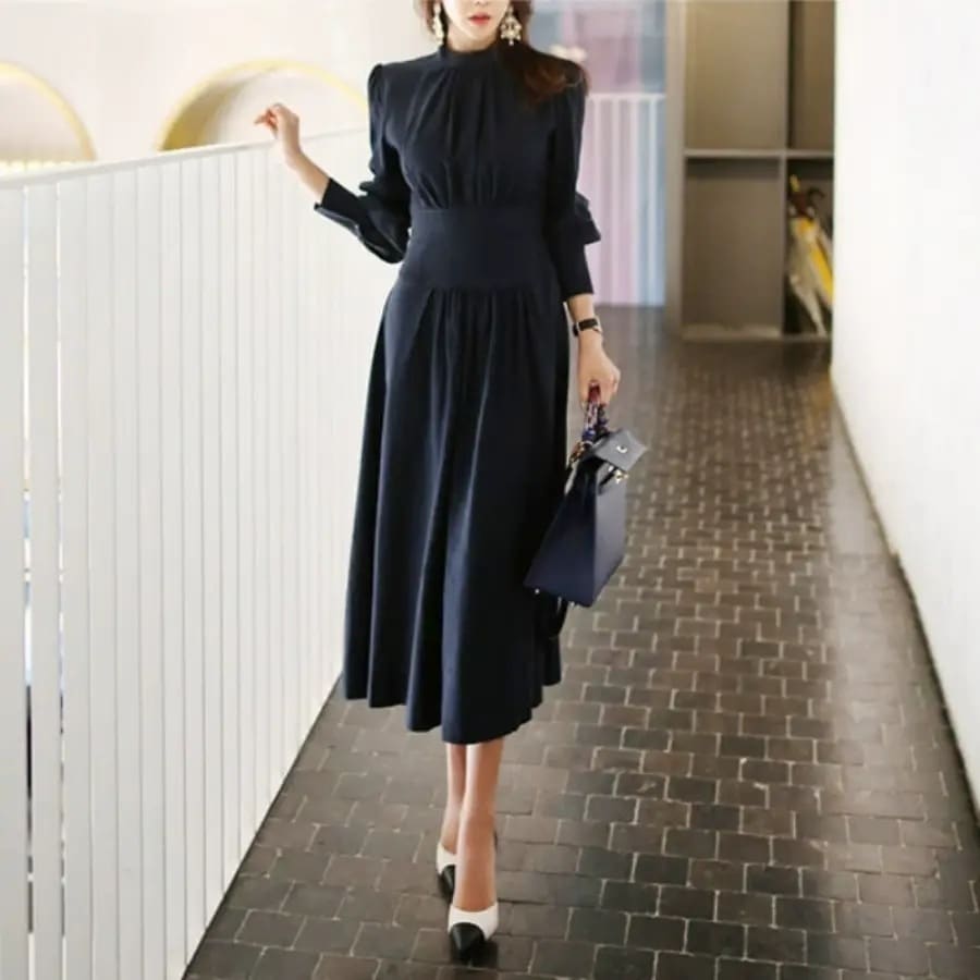 ワンピース フレアワンピース ミモレ ミモレ丈 立ち襟 スタンドカラー 長袖 パフスリーブ フレア Aライン キュート かわいい ラブリー 大人可愛い 大人っぽい 大人女子 フェミニン きれいめ