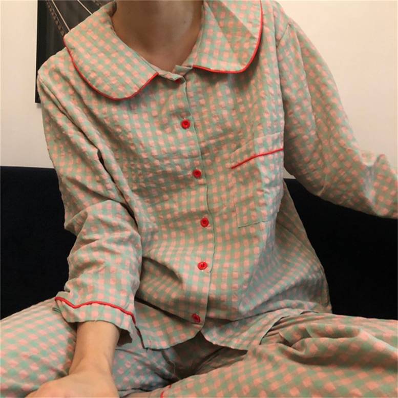 2color レディース レトロガーリーチェック柄ルームウェア 上下2点セット パンツ セットアップ