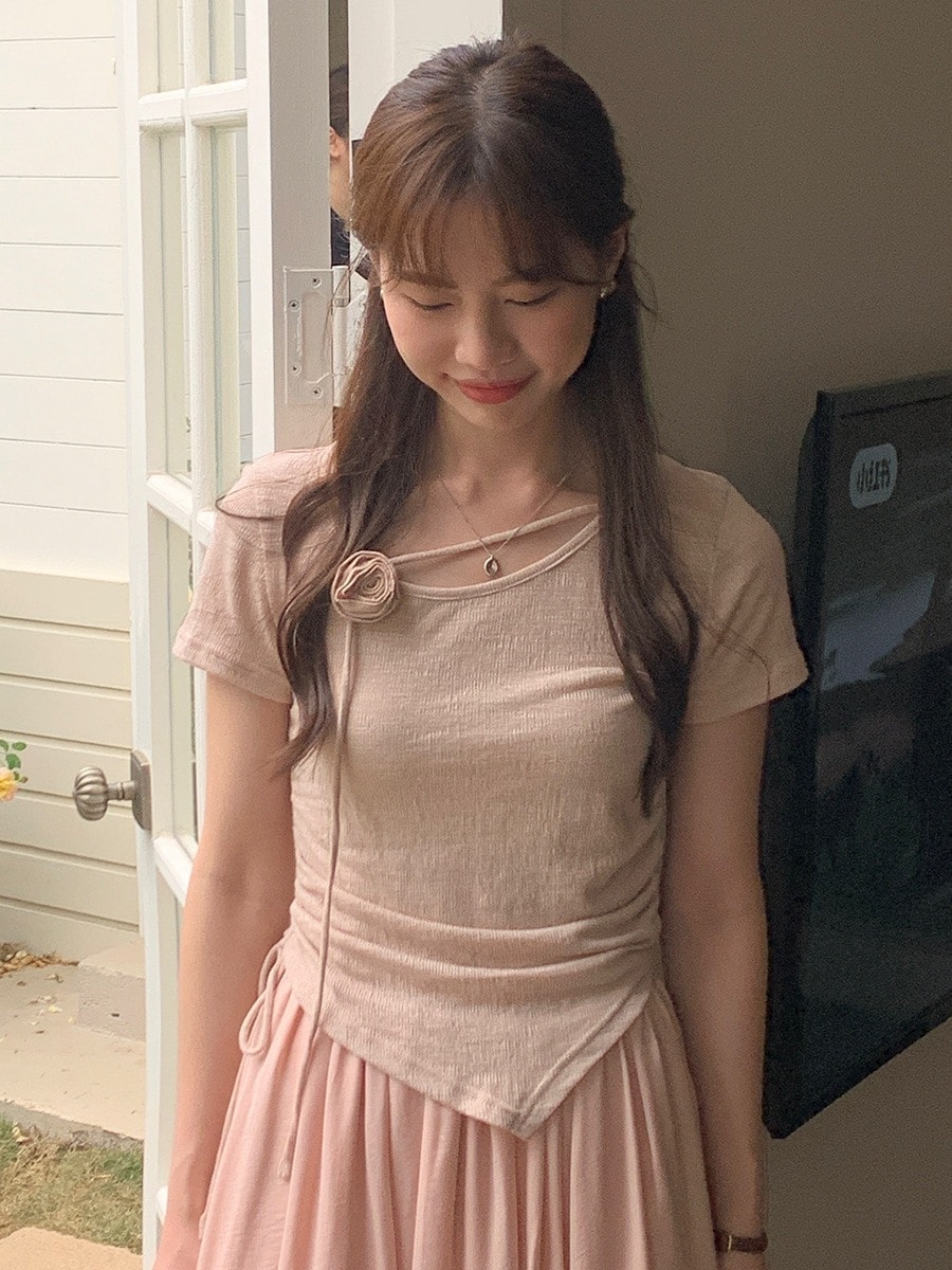 セット アップ 夏/新作/トレンド/お国柄/立体/椿/イレギュラー/裾/Tシャツ/レディース/巾着/ウエスト/トップ