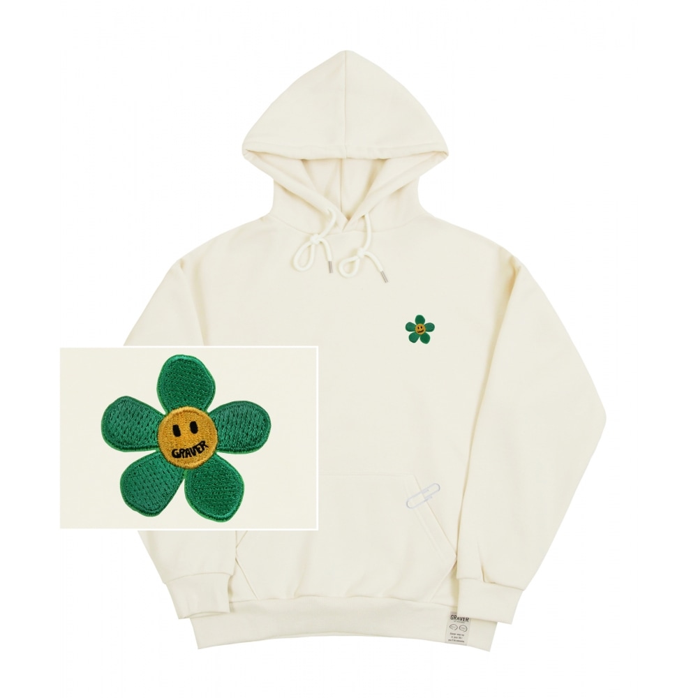GRAVER [UNISEX]グリーンフラワースマイル刺繍フードティー_クリーム