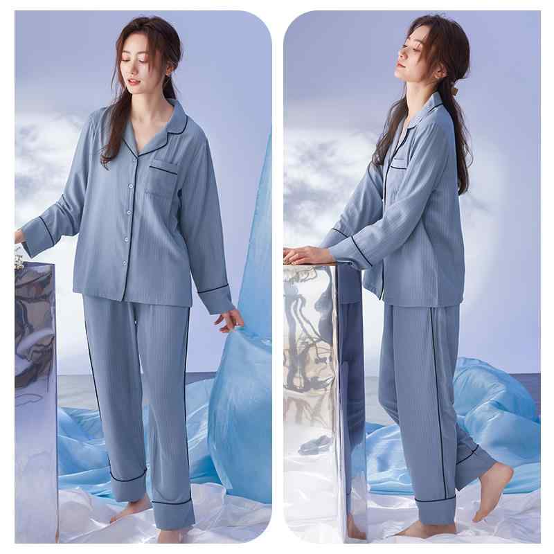 パジャマ レディース 上下セット 春秋 薄手 長袖 ルームウェア 前開き 大きいサイズ ウエストゴム 通気性 柔らかい 母の日 プレゼント シンプル エレガント 青 白 ピンク
