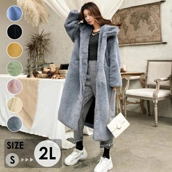 ロングコート ファーコート フード付き レディース 冬 コート アウター もこもこで暖かい ロング コート ジャケット もこもこ フェイクファー 冬服 厚手 防寒 撥水 あったか ブルー ブラック 黒
