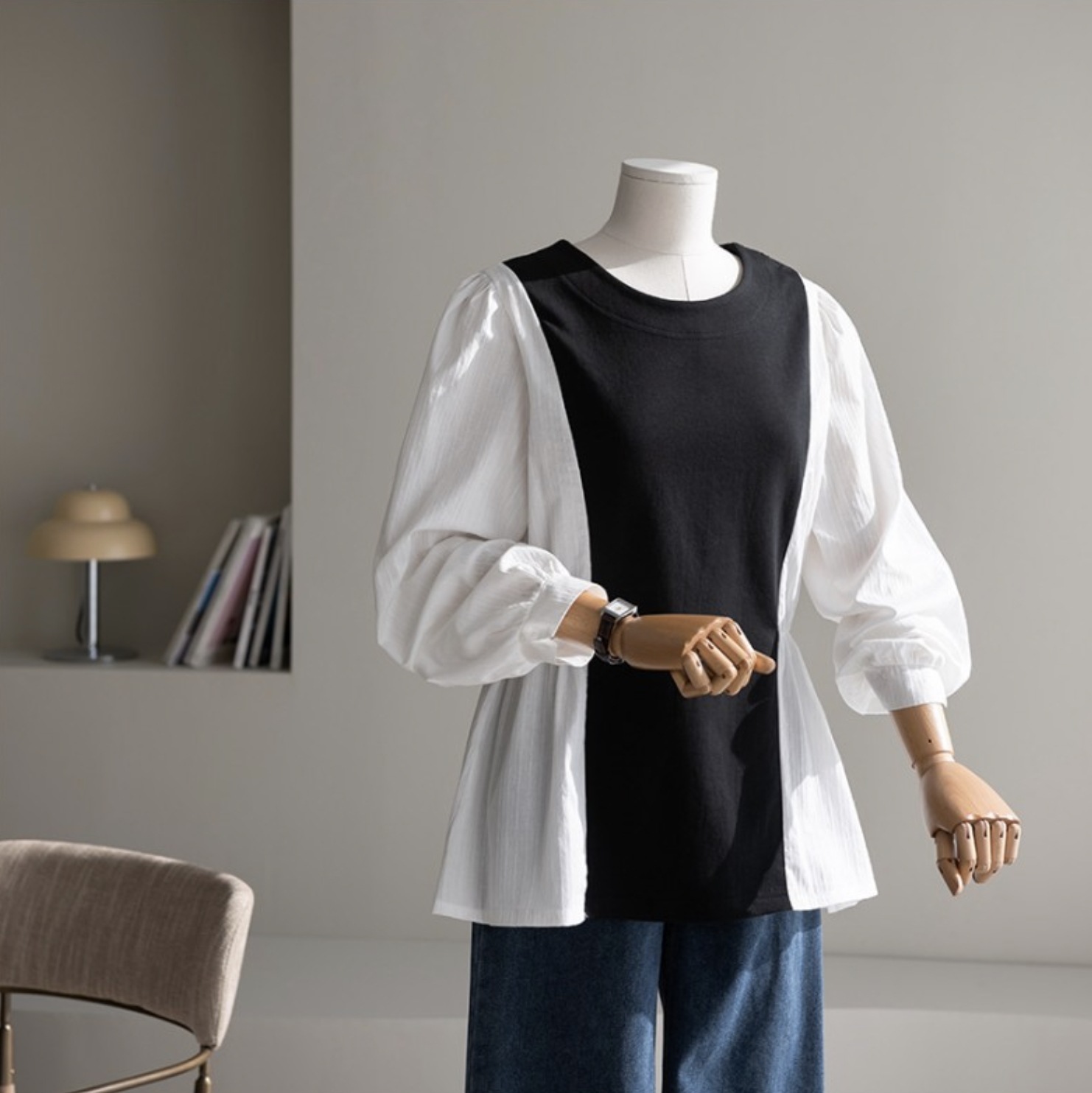 トップス シャツ ブラウス 袖あり 長袖 パフスリーブ ラウンドネック ウエストマーク 切り替えデザイン 異素材MIX かわいい 大人可愛い きれいめ シンプル カジュアル 大人 上品 おしゃれ
