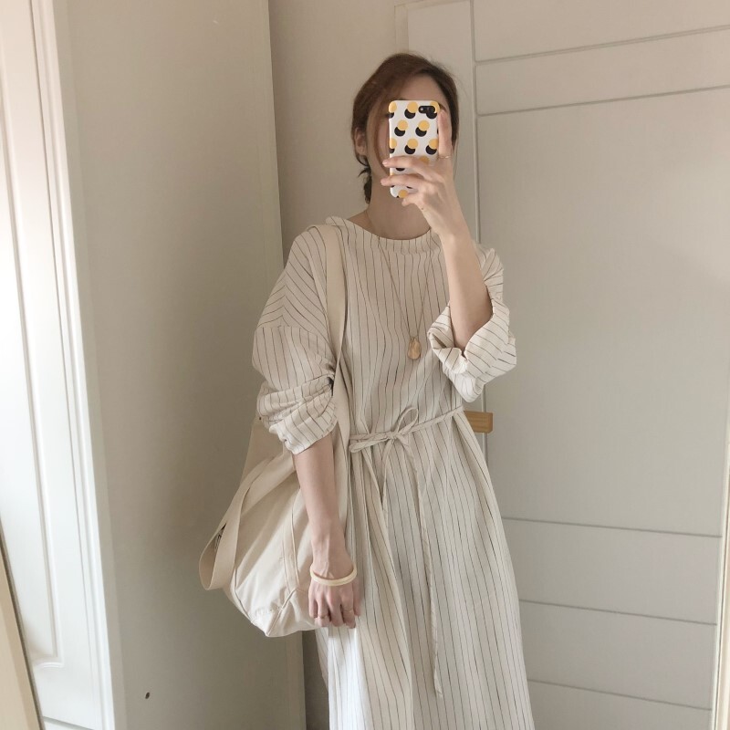 シャツワンピース ワンピース ミドル丈 袖あり 長袖 ラウンドネック Aライン ベルト 綿 かわいい