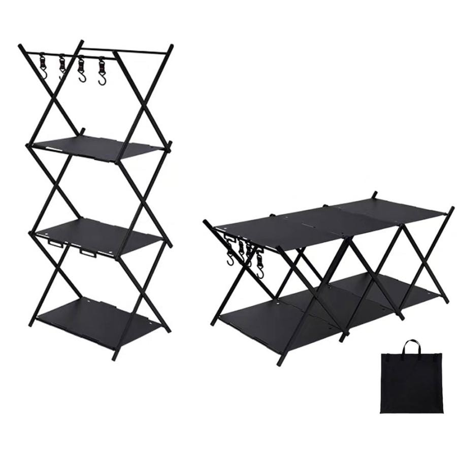 キャンプラック アウトドアテーブル フォールディングラック 3段物置き棚 折り畳みラック IGT連結天板対応 2WAY アルミニウム 軽量 専用収納袋付き
