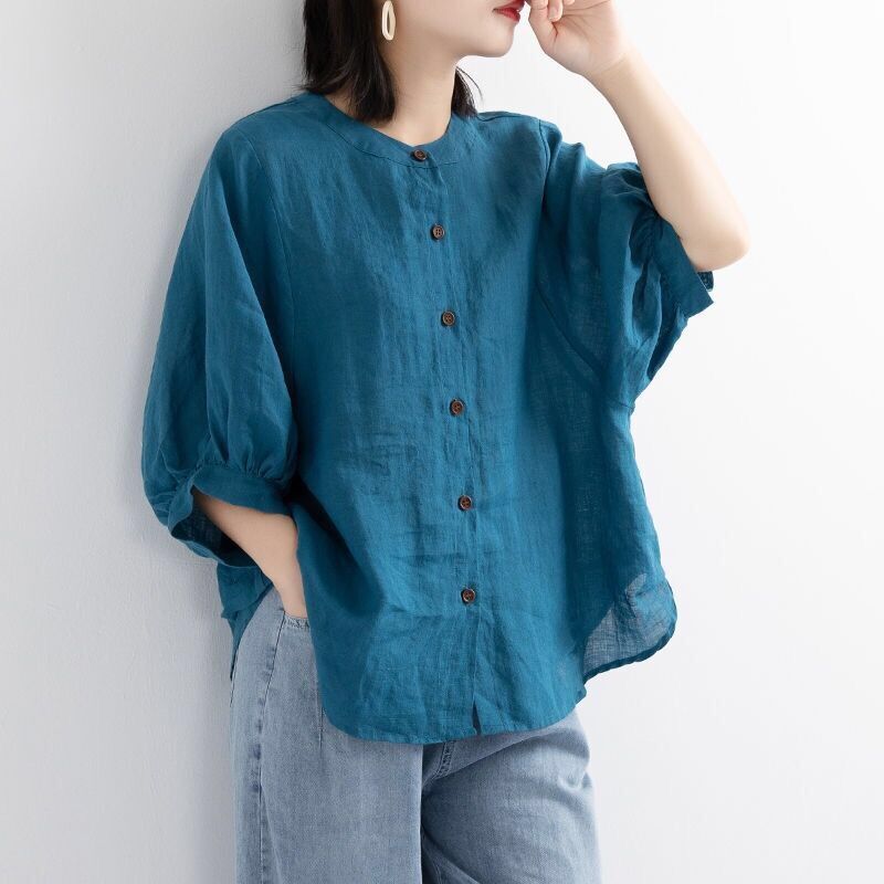の新作綿麻シャツ女パフスリーブレトロ文芸トップスゆったり中袖シャツ女