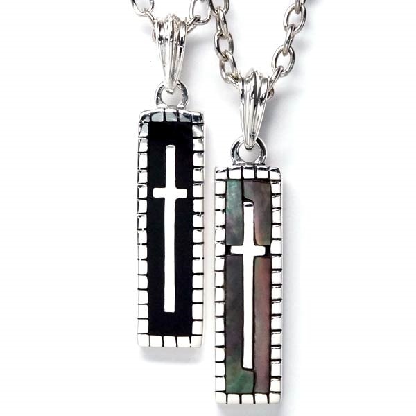 シルバー925 ペンダント ネックレス 天然石 オニキス アワビ貝 ラテンクロス 十字架 プレート メンズ レディース 黒/緑