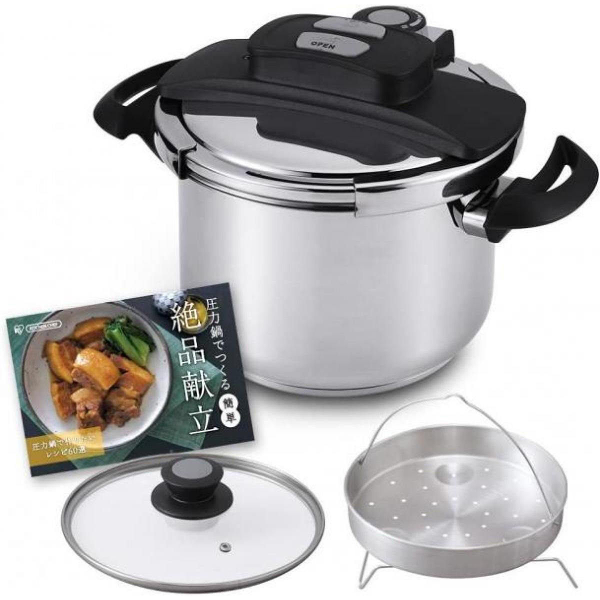 アイリスオーヤマ 圧力鍋 6.0L IH ガス対応 ワンタッチ開閉 レシピ本 ガラスふた付き かんたん操作 RAN-6L 光熱費節約 時短 初心者　静音
