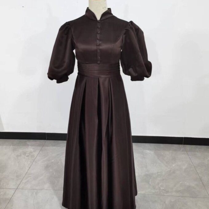 美品！コーヒーの色 カラードレス くるみボタン 姫袖 ミニドレス 結婚式/披露宴