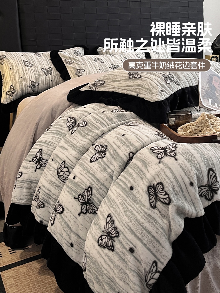 ダメージ加工風ミルクベルベット寝具4点セットレース付き彫刻ベルベット冬用コーラルベルベット掛け布団カバーとシーツ