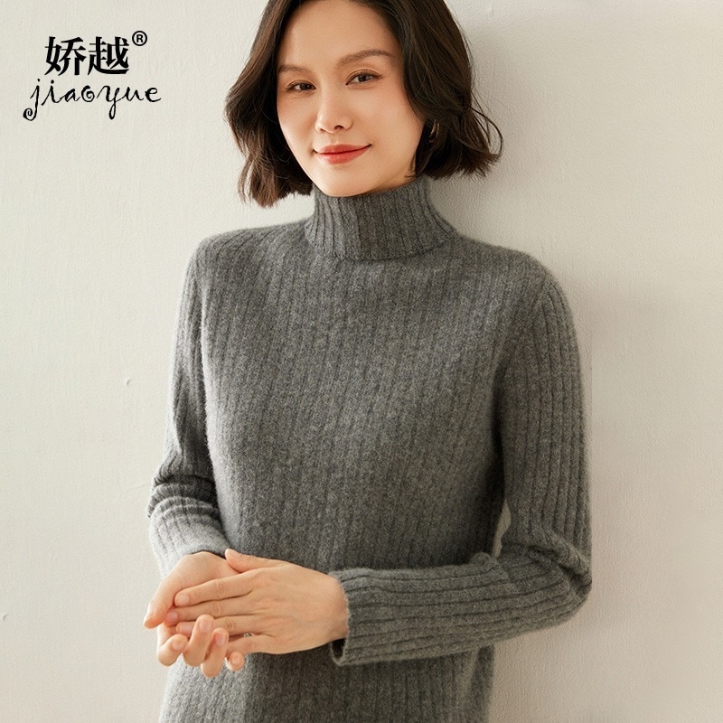 7 本針と 1 行のストライプ ハイターン カシミヤ セーター ニット レディース インナー プルオーバー 女性用長袖カシミヤ セーター