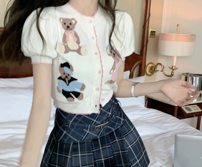 クマプリント トップス スカート カーディガン ミニスカート 袖あり 半袖 パフスリーブ ハイウエスト 伸縮性 上下セット 2点セット ツーピース かわいい キュート ガーリー チェック柄 10代
